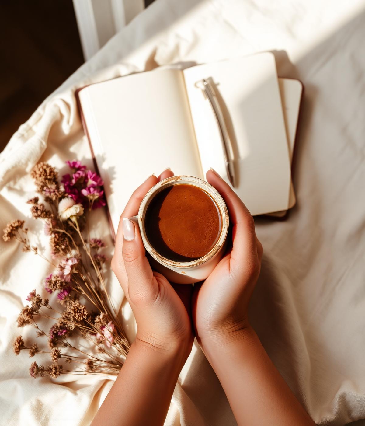 Warme Stillleben-Aufnahme mit Tasse Kakao und Journal